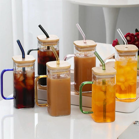 400 ML Square Glass with Lid & Straw 400 ML Square Glass with Lid & Straw
