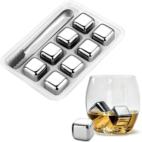 Stainless Steel Ice Cubes, Reusable Ice Cubes Set with Silicone Head Tongs and Ice Cube Trays - Pack of (8) Stainless Steel Ice Cubes, Reusable Ice Cubes Set with Silicone Head Tongs and Ice Cube Trays - Pack of (8)
