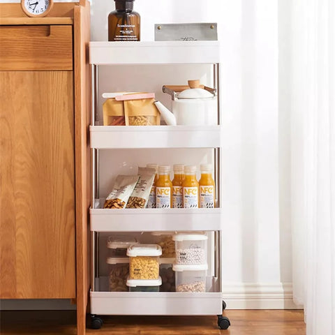 4 Tier Slim Storage Cart Kitchen Bathroom Mobile Shelving with Moving Wheels 4 Tier Slim Storage Cart Kitchen Bathroom Mobile Shelving with Moving Wheels