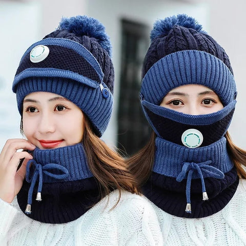 Women Winter Warm Cap Beanie with Neck Scarf and Woolen Mask Women Winter Warm Cap Beanie with Neck Scarf and Woolen Mask