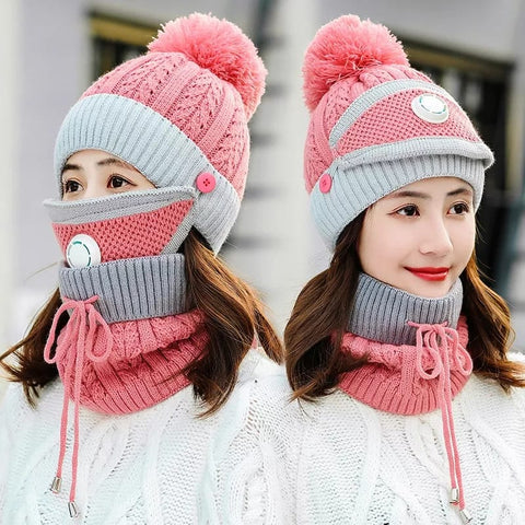 Women Winter Warm Cap Beanie with Neck Scarf and Woolen Mask Women Winter Warm Cap Beanie with Neck Scarf and Woolen Mask