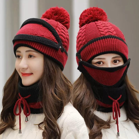 Women Winter Warm Cap Beanie with Neck Scarf and Woolen Mask Women Winter Warm Cap Beanie with Neck Scarf and Woolen Mask