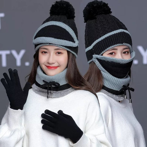 Women Winter Warm Cap Beanie with Neck Scarf and Woolen Mask Women Winter Warm Cap Beanie with Neck Scarf and Woolen Mask