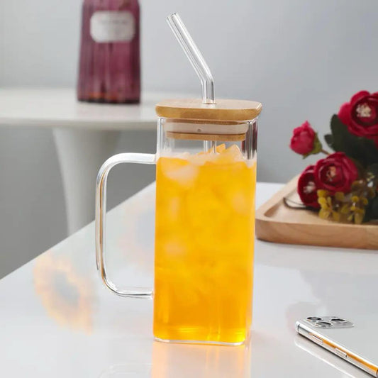 400 ML Square Glass with Lid & Straw