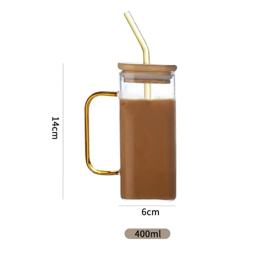 400 ML Square Glass with Lid & Straw