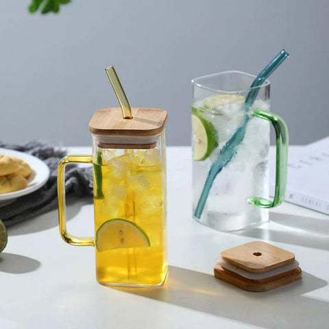 400 ML Square Glass with Lid & Straw