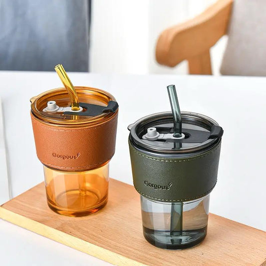 Drinking Glass Cup With Straw & Lid 400ML