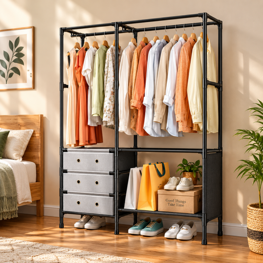 Multi Tier Clothing Rack with Drawers and Shoe Storage Organiser for Home and Bedroom