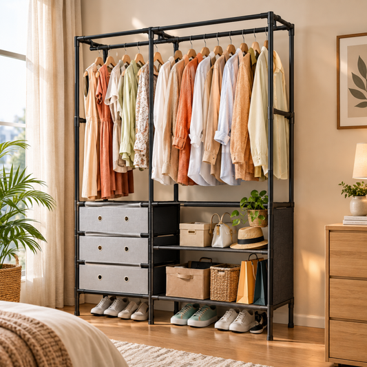 Multi Tier Clothing Rack with Drawers and Shoe Storage Organiser for Home and Bedroom