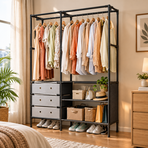 Multi Tier Clothing Rack with Drawers and Shoe Storage Organiser for Home and Bedroom