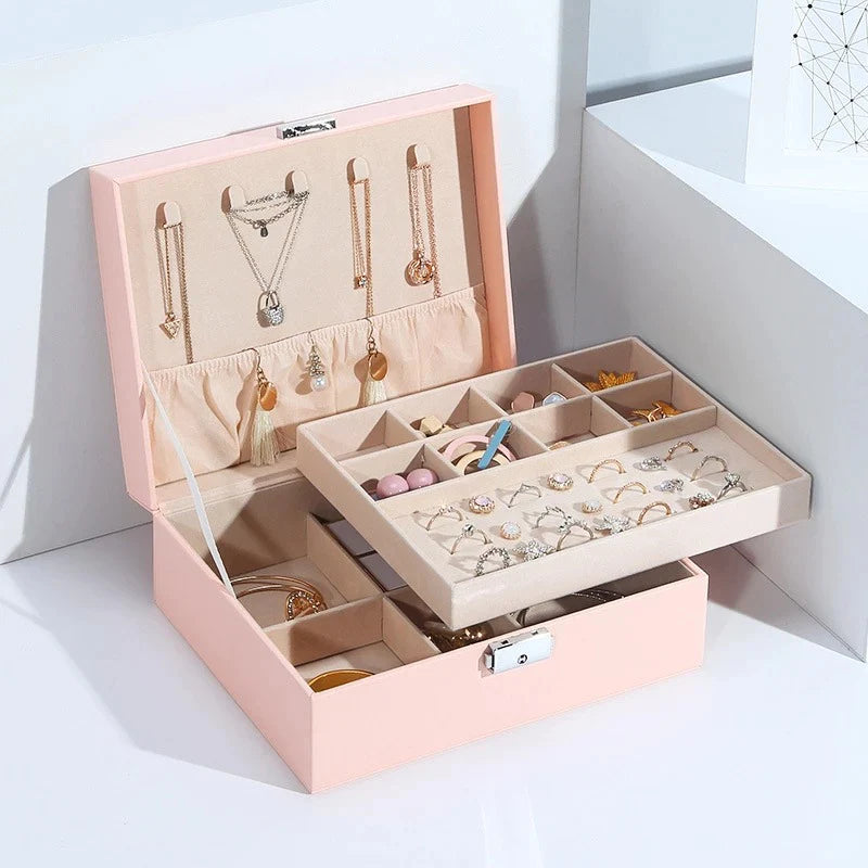 Premium Leather Jewelry Box Double Layer Storage