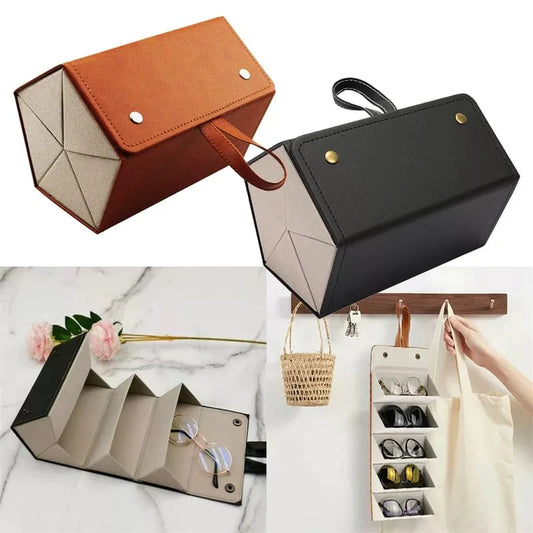 5-Slot Travel Foldable Sunglasses Organizer- Leather Hanging Eyeglasses Case