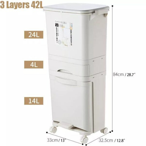 3 Layer Storage Trash Dustbin With Wheels 42L