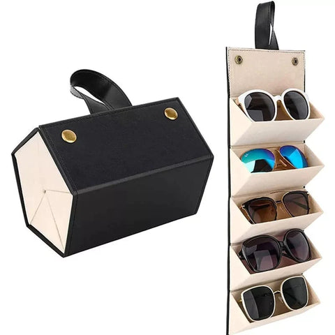 5-Slot Travel Foldable Sunglasses Organizer- Leather Hanging Eyeglasses Case